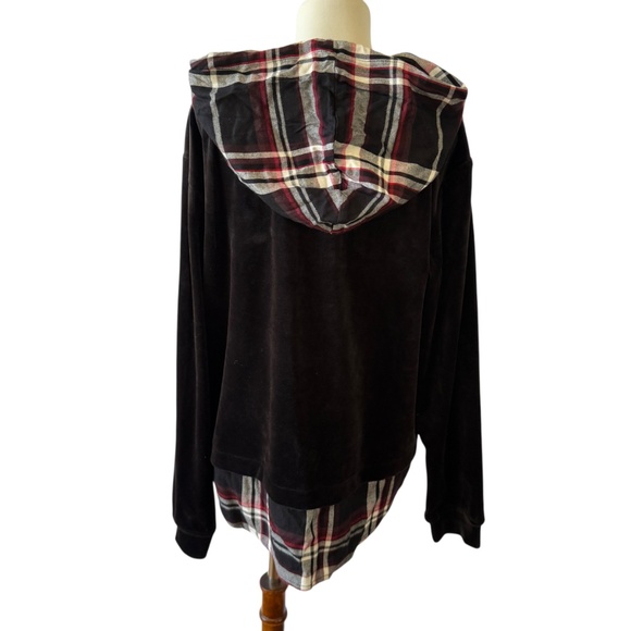 SANCTUARY VELOUR HOODIE SWEATSHIRT PLAID DETAILING PULLOVER PREPPY SCHOOL NWT M - Picture 5 of 11